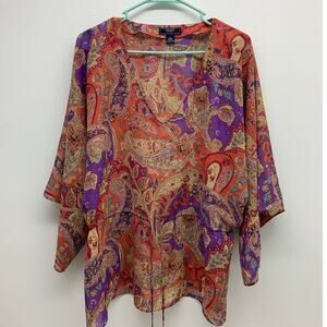 Womens Large Blouse Drawstring Waist Colorful Paisley V Neck 3/4 Sleeve Sheer